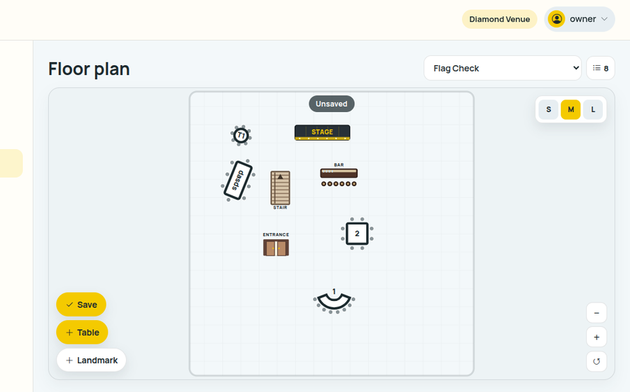 EventFlow floor plan editor with tables, stage, and landmarks